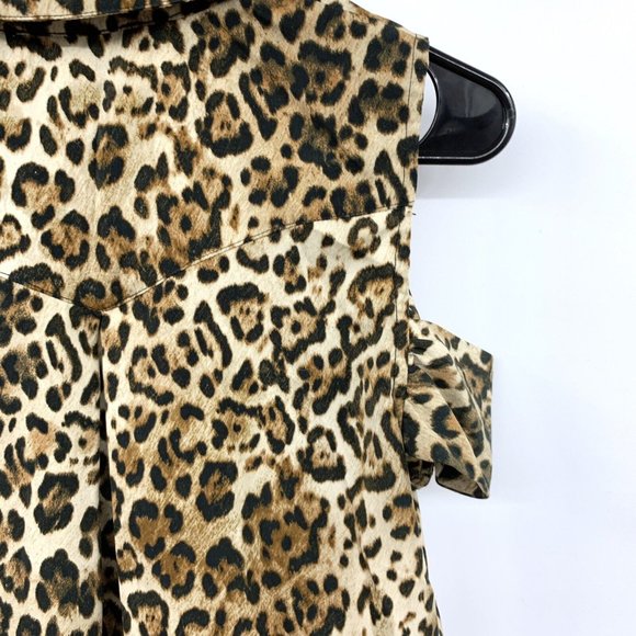 WAYF Top Brown Black Leopard Print Button Blouse Cold Shoulder - Picture 10 of 12